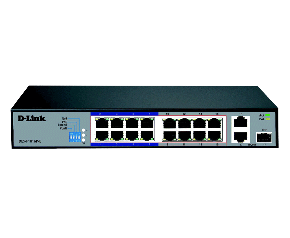 D-Link DES-F1016P-E 16-port Fast Ethernet Unmanaged Long Range 250m PoE+ Surveillance Switch