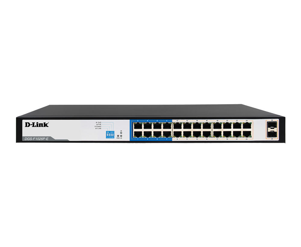 D-link 26-Port Gigabit PoE Switch with 24 PoE+ Ports (8 Long Reach 250m) and 2 SFP Uplink Ports (DGS-F1026P)