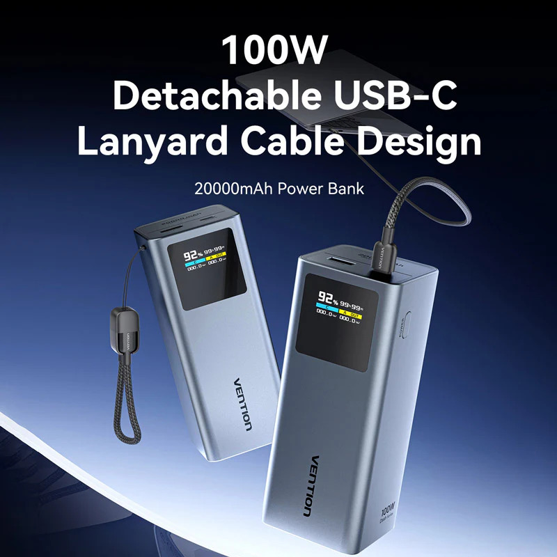 Vention 20000mAh Phone & Laptop Power Bank 100W – Grey (FKCH0) - Image 2