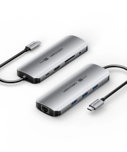 Vention USB-C Multi-Function 9-in-1 Docking Station to HDMI/USB 3.0 x 3/RJ45/SD/TF/TRRS 3.5mm/PD 0.15M Gray Aluminum Alloy Type (TQLHB)