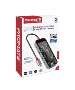 Promate 8-in-1 Transparent Ultra-Fast Multiport USB-C Hub with 100W Power Delivery