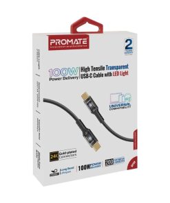 Promate High Tensile Transparent 100W Power Delivery USB-C Cable with LED Light (LucidLine-CC200)