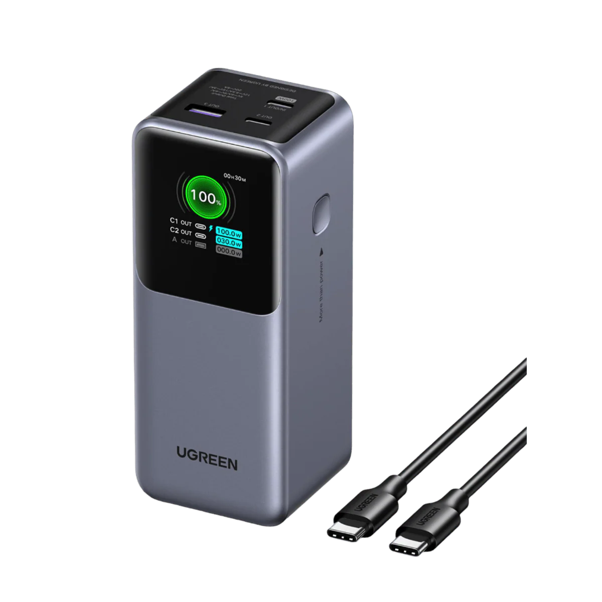 • Model: PB721 • Model number: UG-35524B • Battery capacity: 20000mAh • Battery type: Lithium battery • Total output: Up to 130W • USB-C1 output: Up to 100W Power Delivery • USB-C2 output: Up to 30W Power Delivery • USB-A output: Up to 22.5W fast charging • USB-C input: Up to 65W fast recharge • Charging ports: 2 x USB-C, 1 x USB-A • Display: Digital LED battery percentage indicator • Input/output type: Two-way fast charging • Safety features: Overcharge, overcurrent, overvoltage, overheating, short-circuit protection • Material: Fire-resistant ABS and PC casing • Compatibility: USB-C laptops, MacBook, ultrabooks, tablets, smartphones, gaming consoles, wireless earbuds, and other USB-powered devices • Color: Black • Design: Compact portable form factor • Warranty: 1-year limited warranty