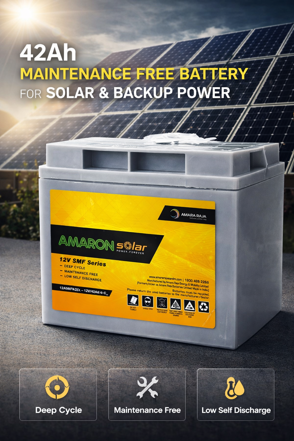 Amaron Solar 12V 42Ah SMF Deep Cycle Battery 12ASMF042 Maintenance Free