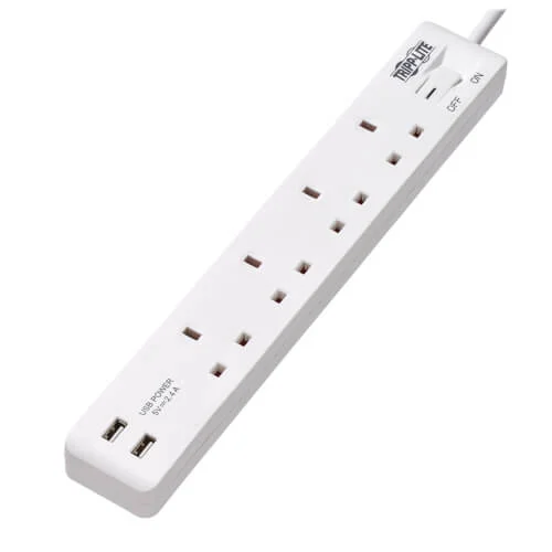 Tripp Lite Power Extension 4Way 3Pin UK 2 USB 13A 1.8M – White (PS4B18USBW)